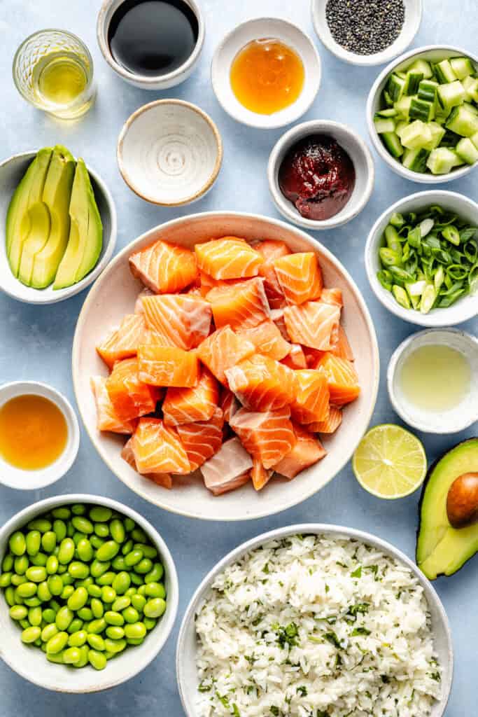 salmon ingredients in small bowls