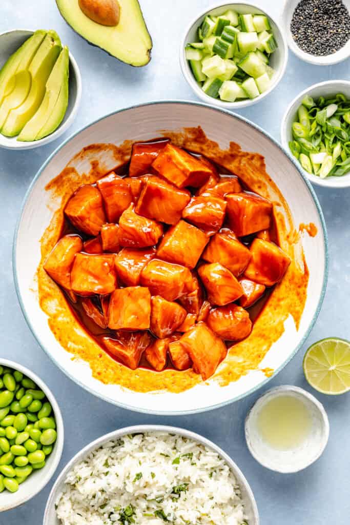 salmon in glaze in bowl