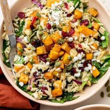 orzo salad in serving bowl