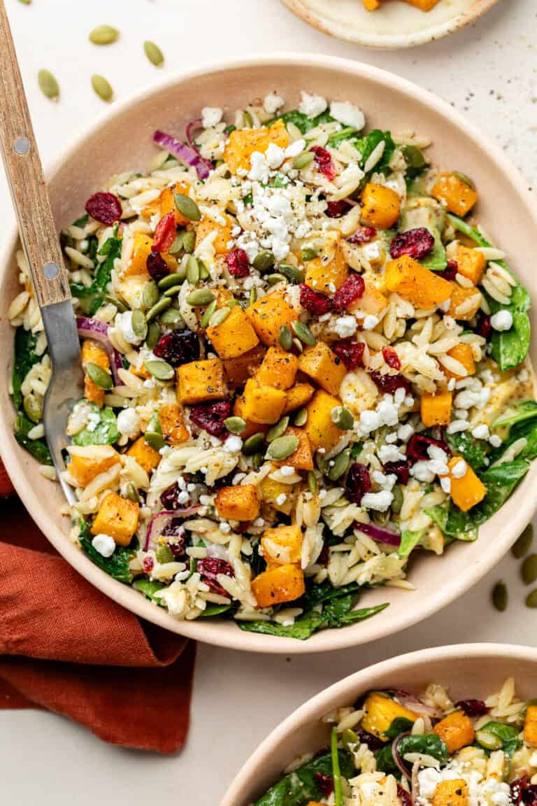 orzo salad in serving bowl