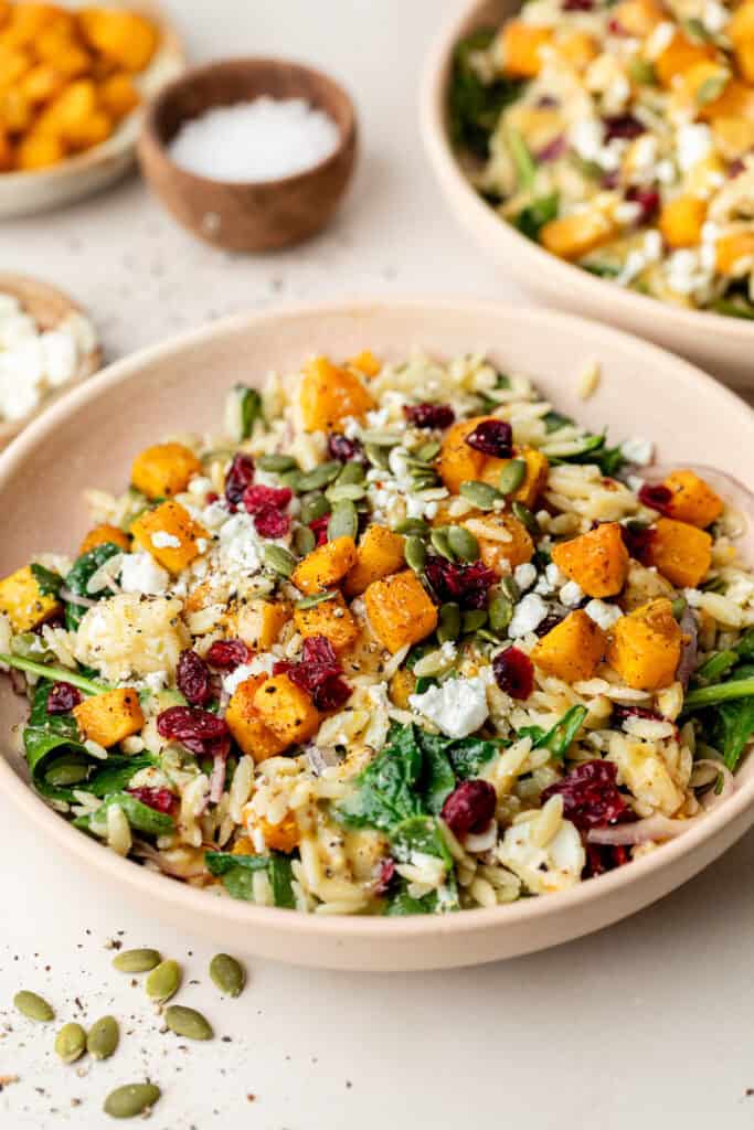 butternut squash orzo salad in bowl