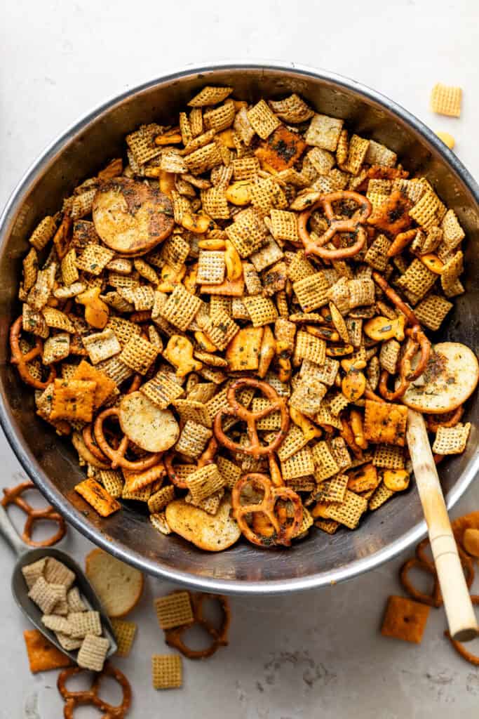 snack mix in serving bowl