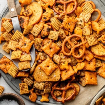 ranch snack mix on plate with serving spoon