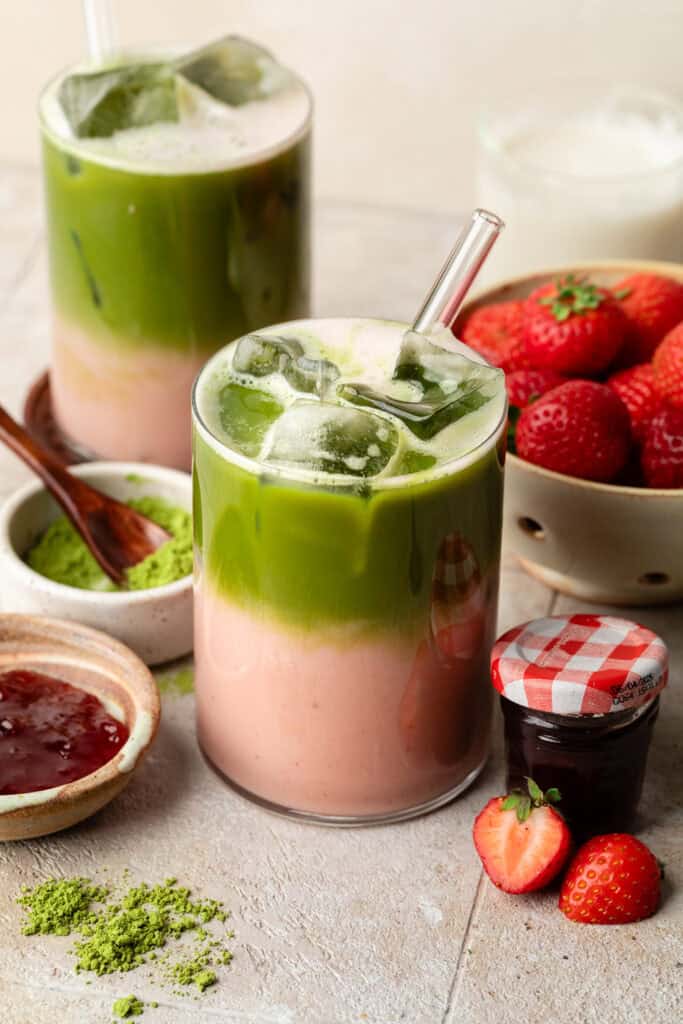 matcha in glass with glass straw