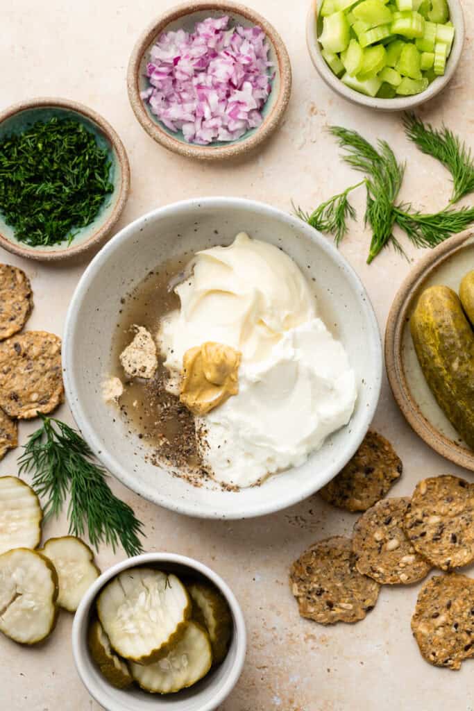 chicken salad dressing ingredients in small mixing bowls