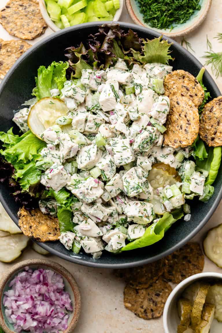 dill pickle chicken salad over greens with crackers