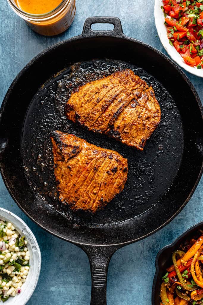 steak in cast iron skillet
