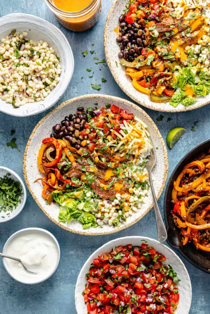 steak burrito bowls with fork