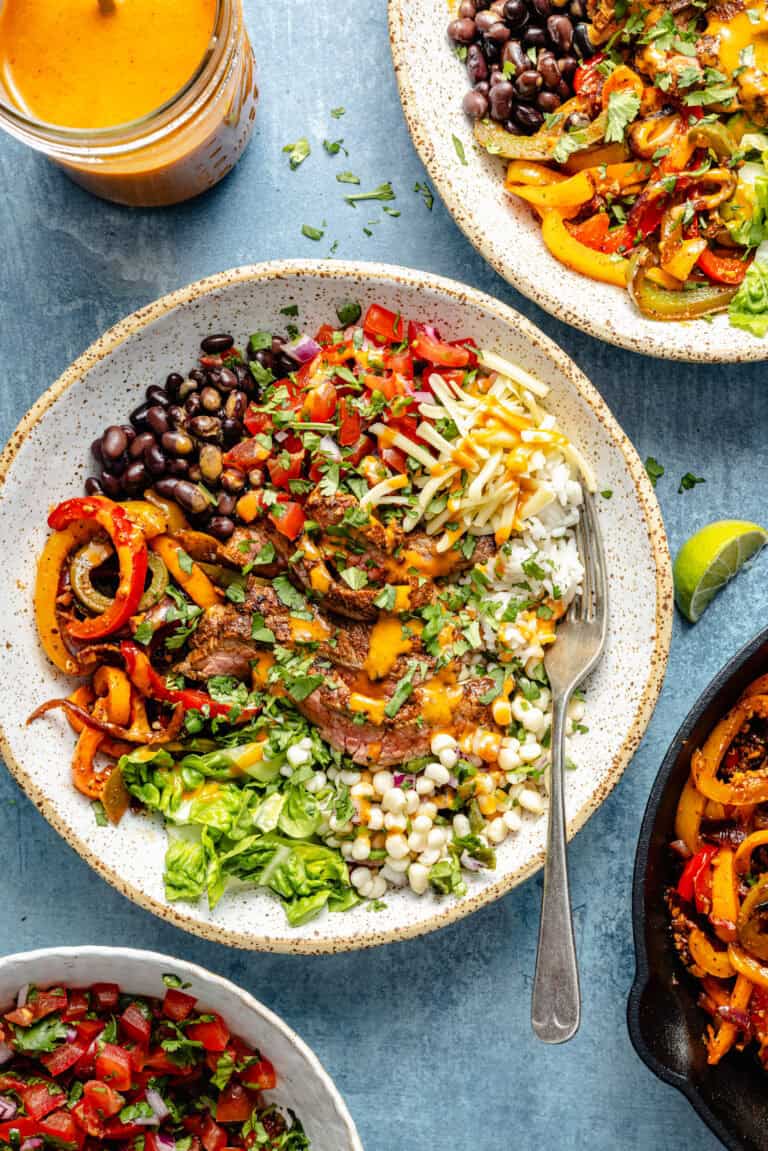 chipotle steak burrito bowl with fork