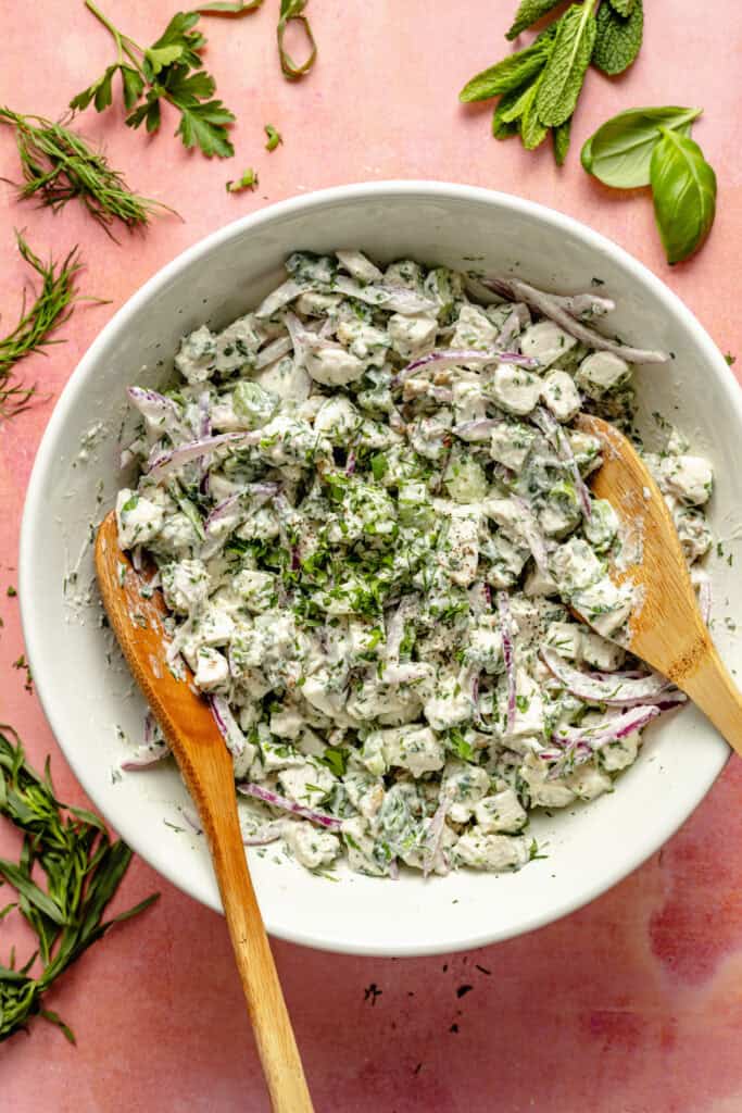 green goddess chicken salad in serving bowl