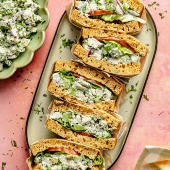 green goddess chicken salad sandwiches on platter