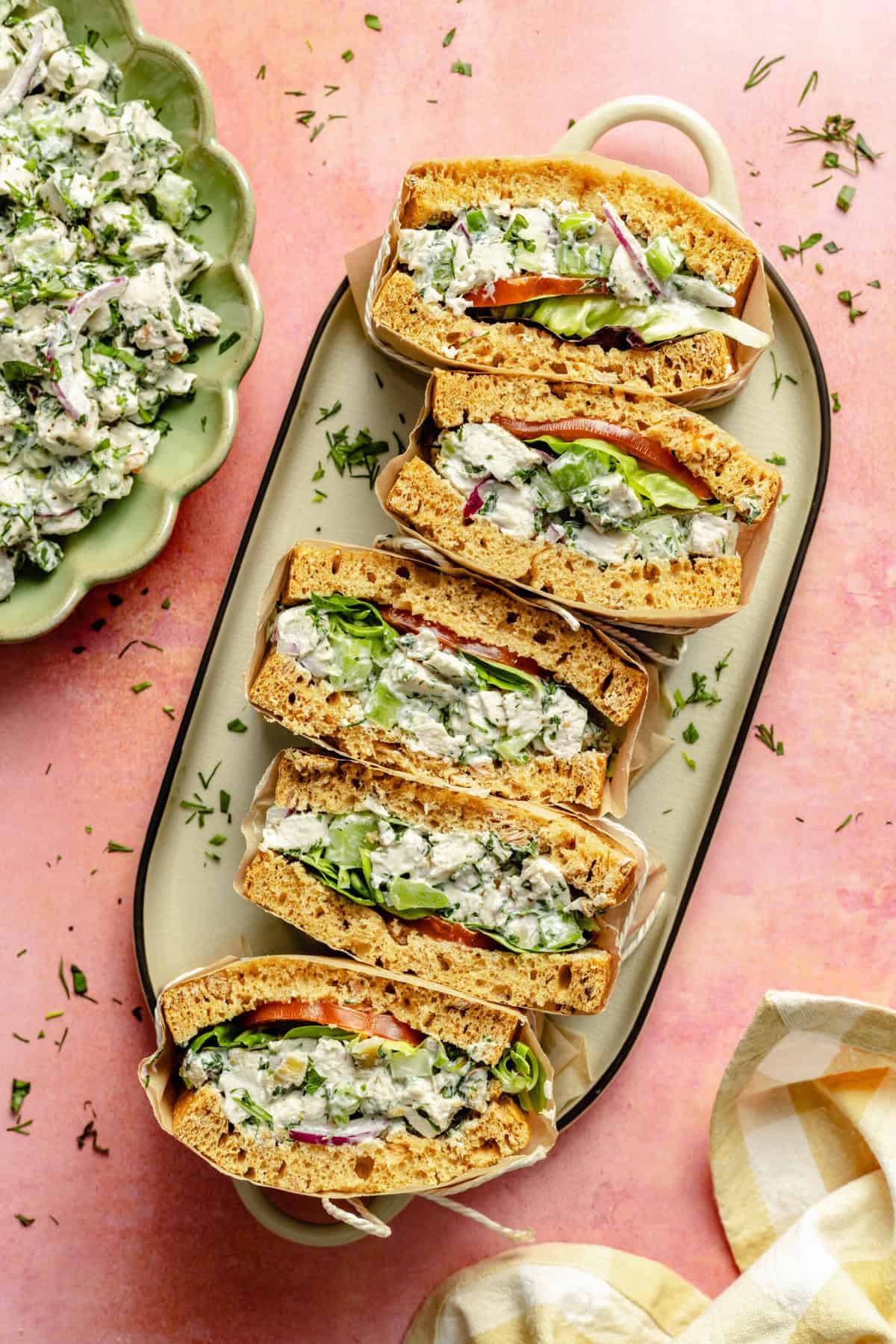 green goddess chicken salad sandwiches on platter