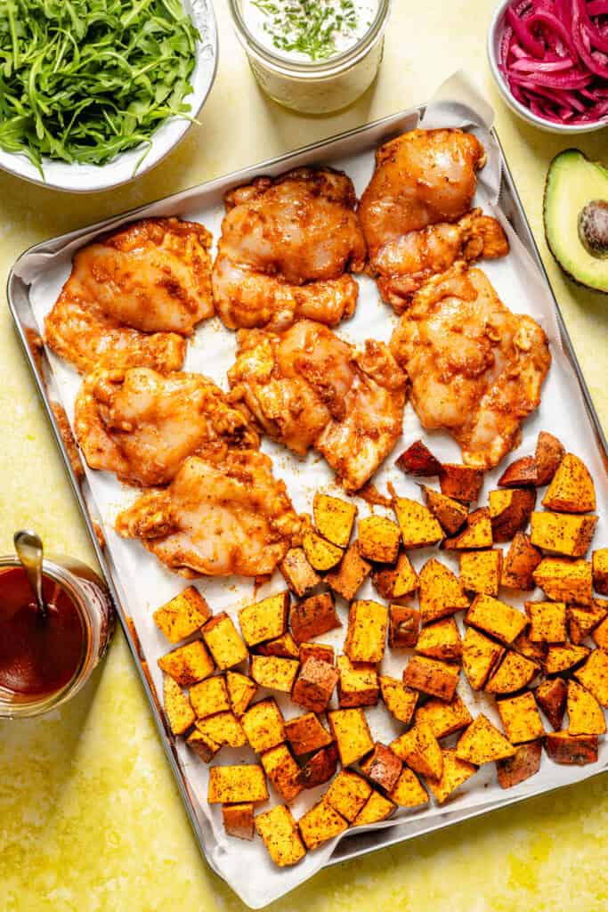 chicken and sweet potatoes on sheet pan