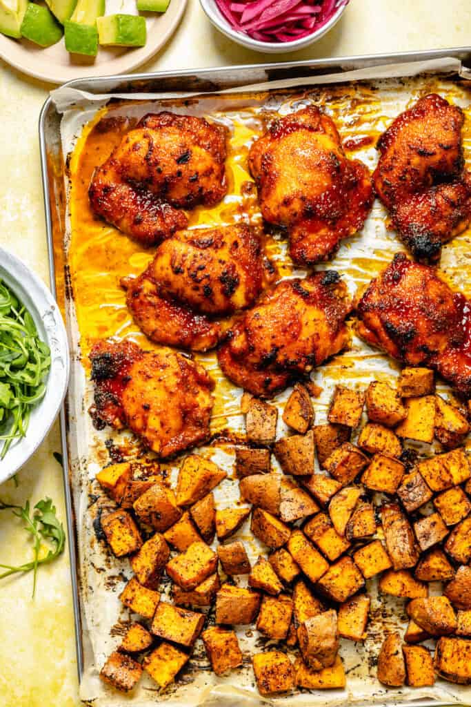 chicken and sweet potatoes on sheet pan