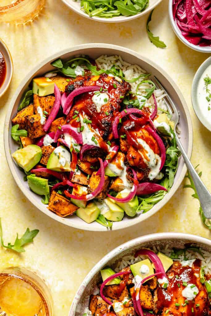 bbq chicken ranch bowl with fork