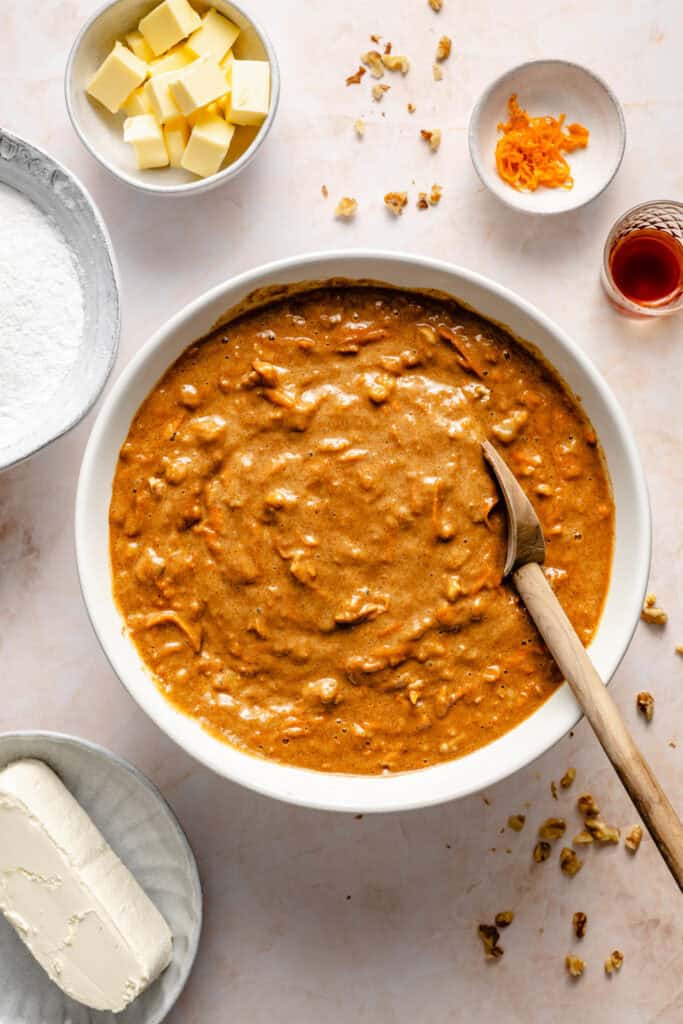 carrot cake bar batter in mixing bowl