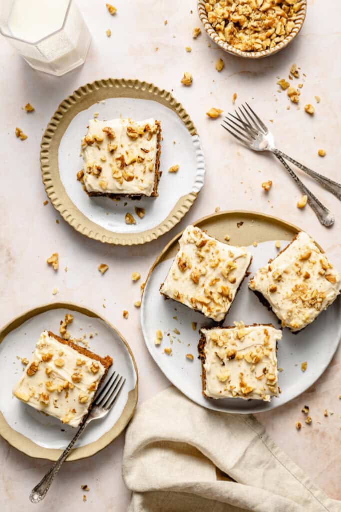 carrot cake bars on serving plates