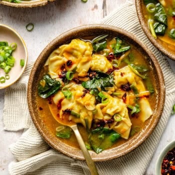 wonton soup in bowl with spoon