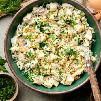egg salad in bowl with mixing bowl
