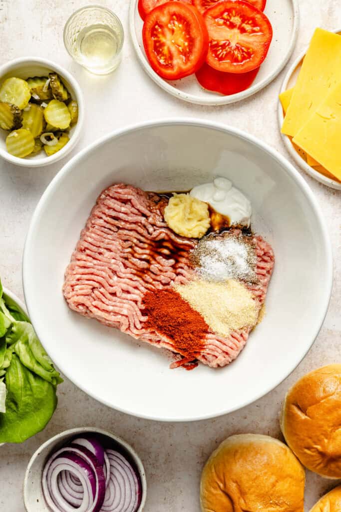 turkey burger mixture in mixing bowl