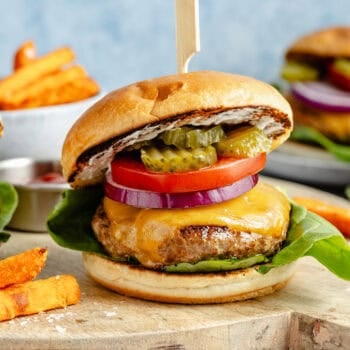 turkey burger with toppings and toothpick