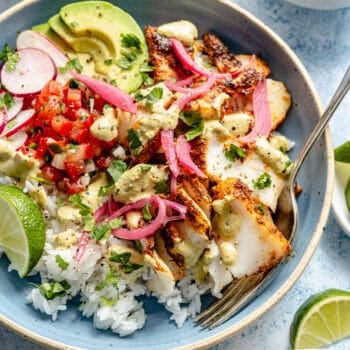fish taco bowl with fork