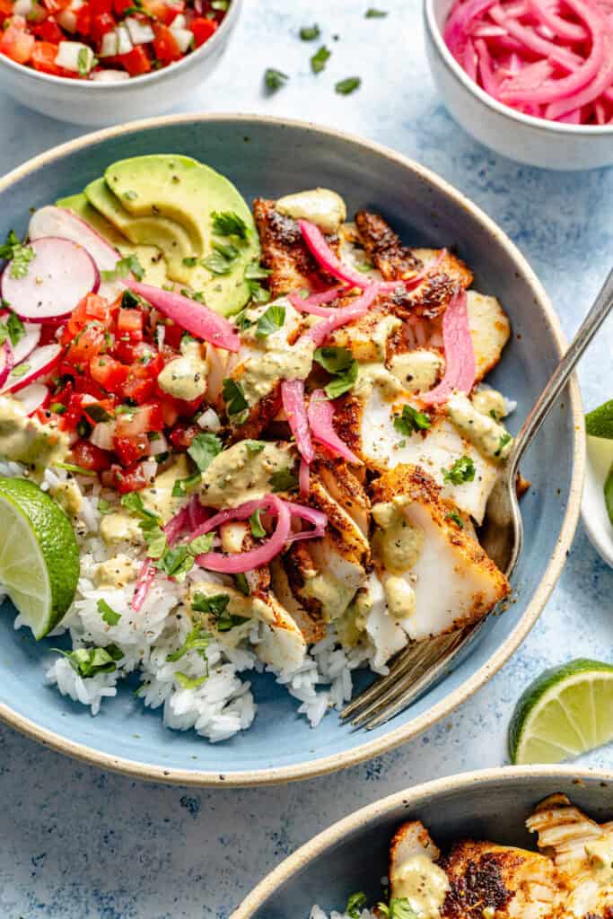 fish taco bowl with fork