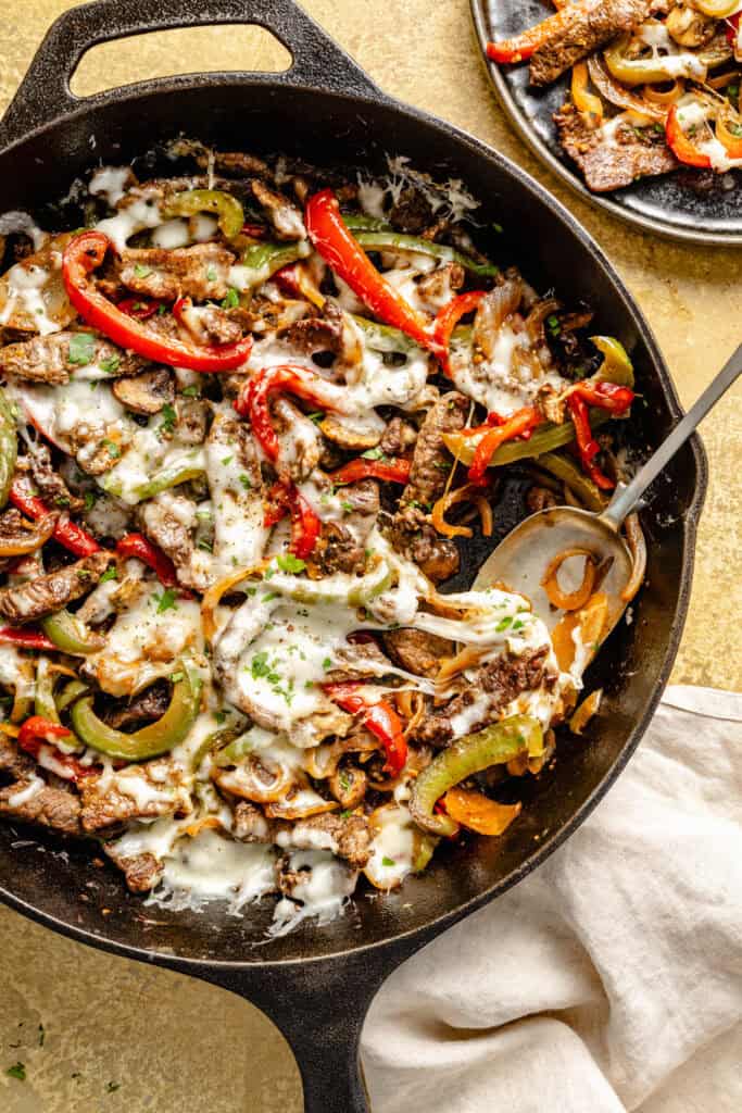 cheesesteak skillet with serving spoon