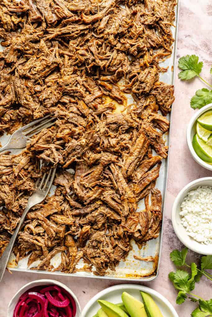 shredded beef on sheet pan