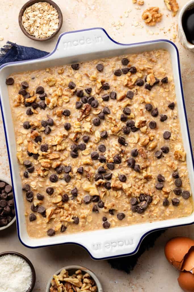 baked oatmeal batter in baking dish