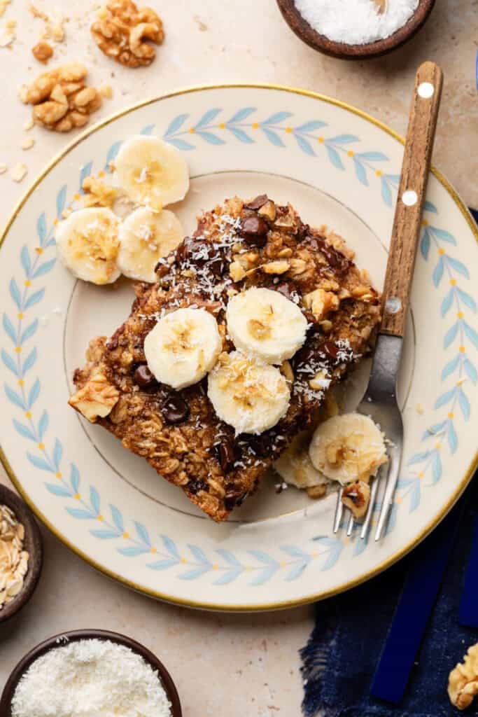 chunky monkey baked oatmeal on plate with fork