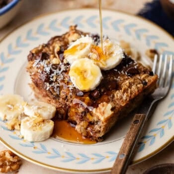 chunky monkey baked oatmeal on plate with fork