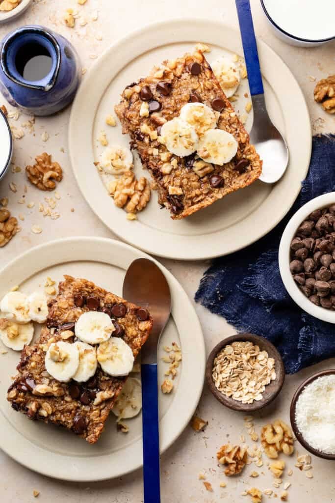 chunky monkey baked oatmeal on plates