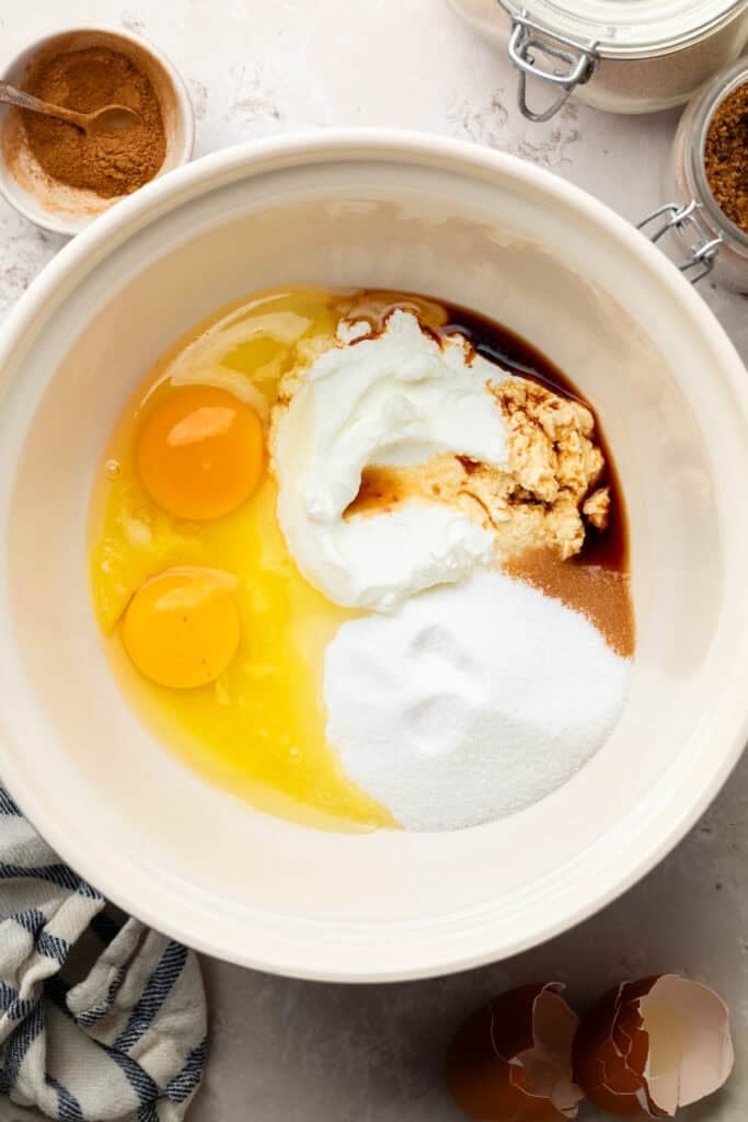 wet ingredients in a mixing bowl