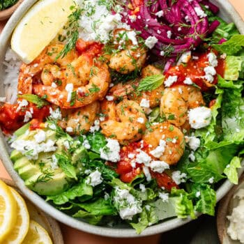 harissa shrimp bowl with toppings