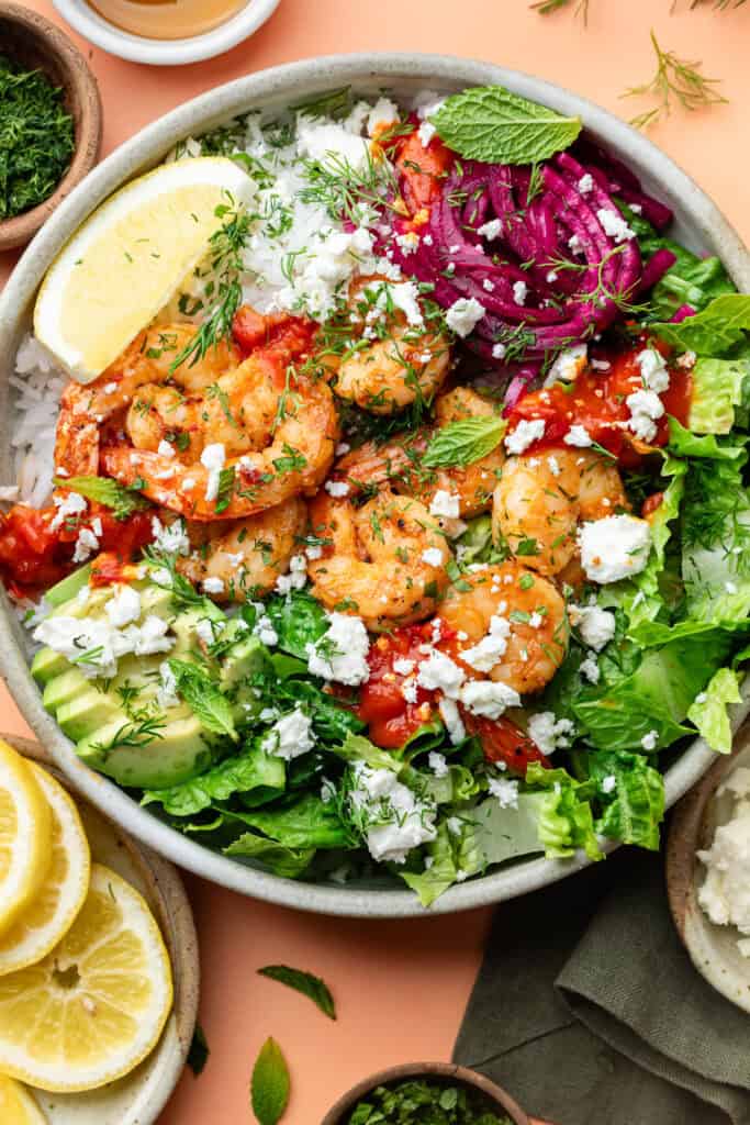 harissa shrimp bowl with toppings