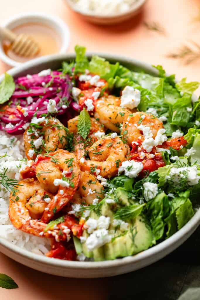 harissa shrimp bowl with toppings