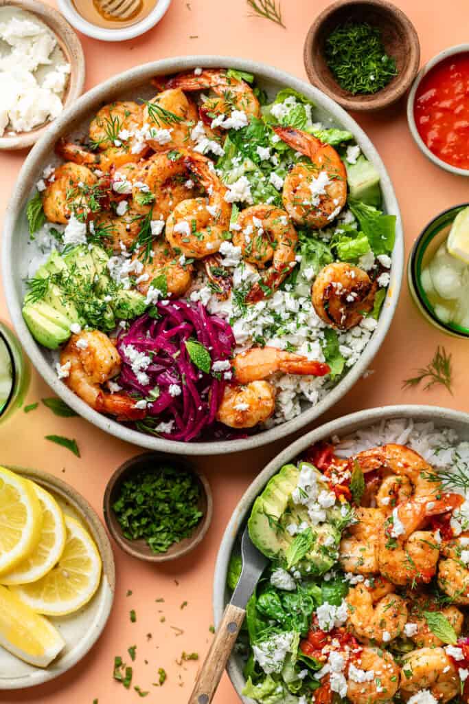 harissa shrimp bowls with toppings