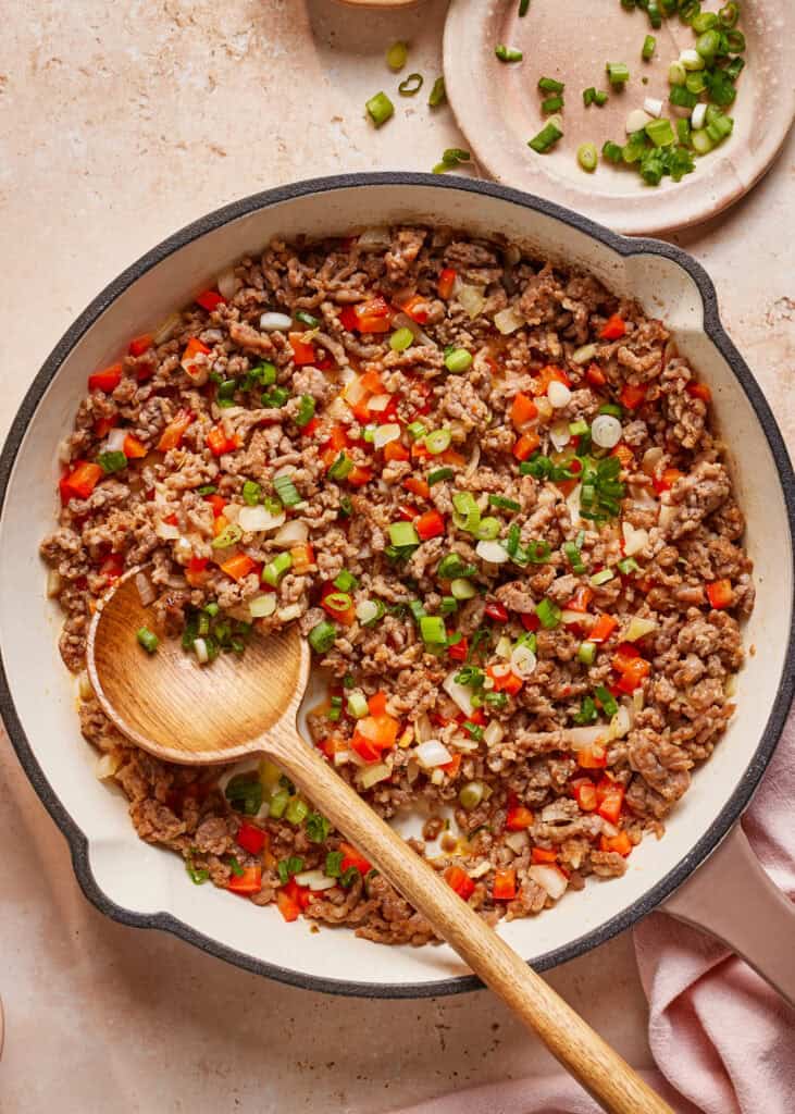 sausage and veggies in pan