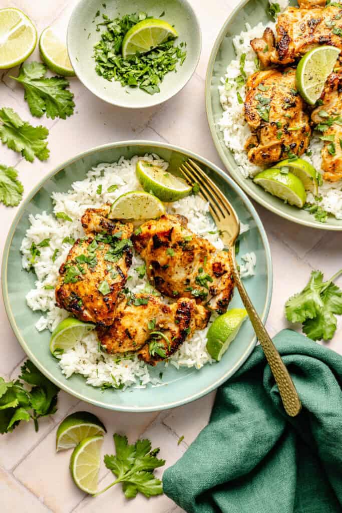 cilantro lime chicken over rice in bowl