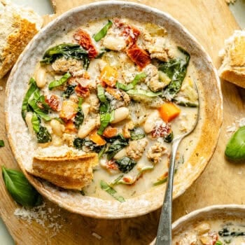 soup with crusty bread and spoon