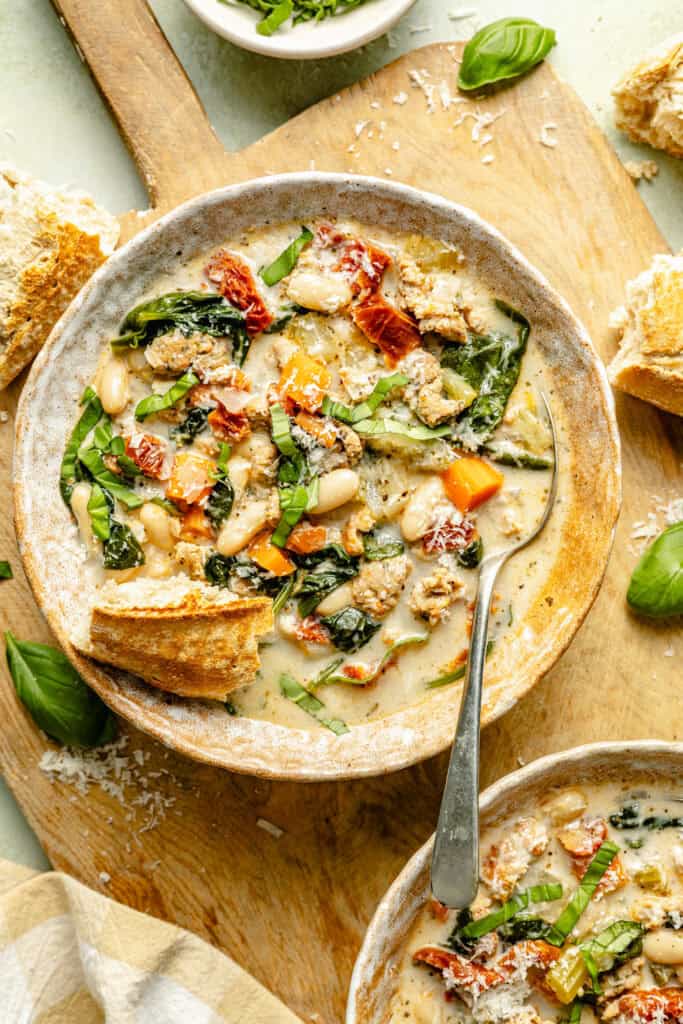 soup with crusty bread and spoon