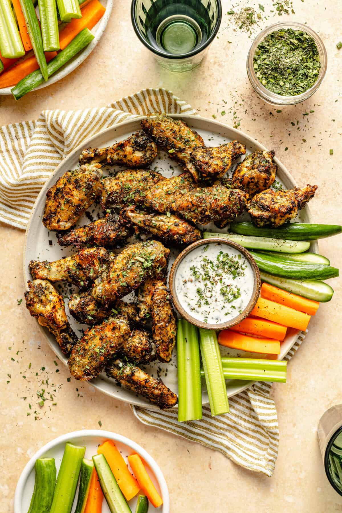 ranch wings on platter with veggies and dip