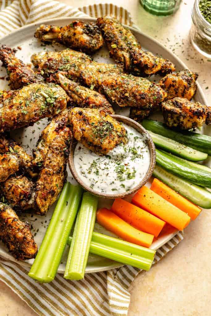 ranch wings on platter with veggies and dip