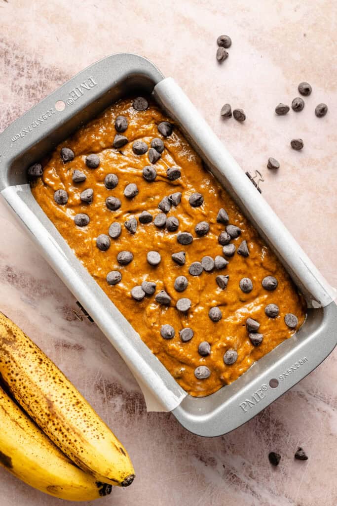 pumpkin banana bread batter in pan
