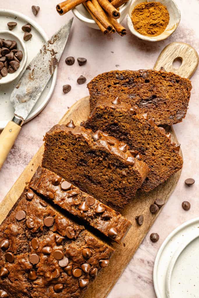 sliced loaf of pumpkin banana bread