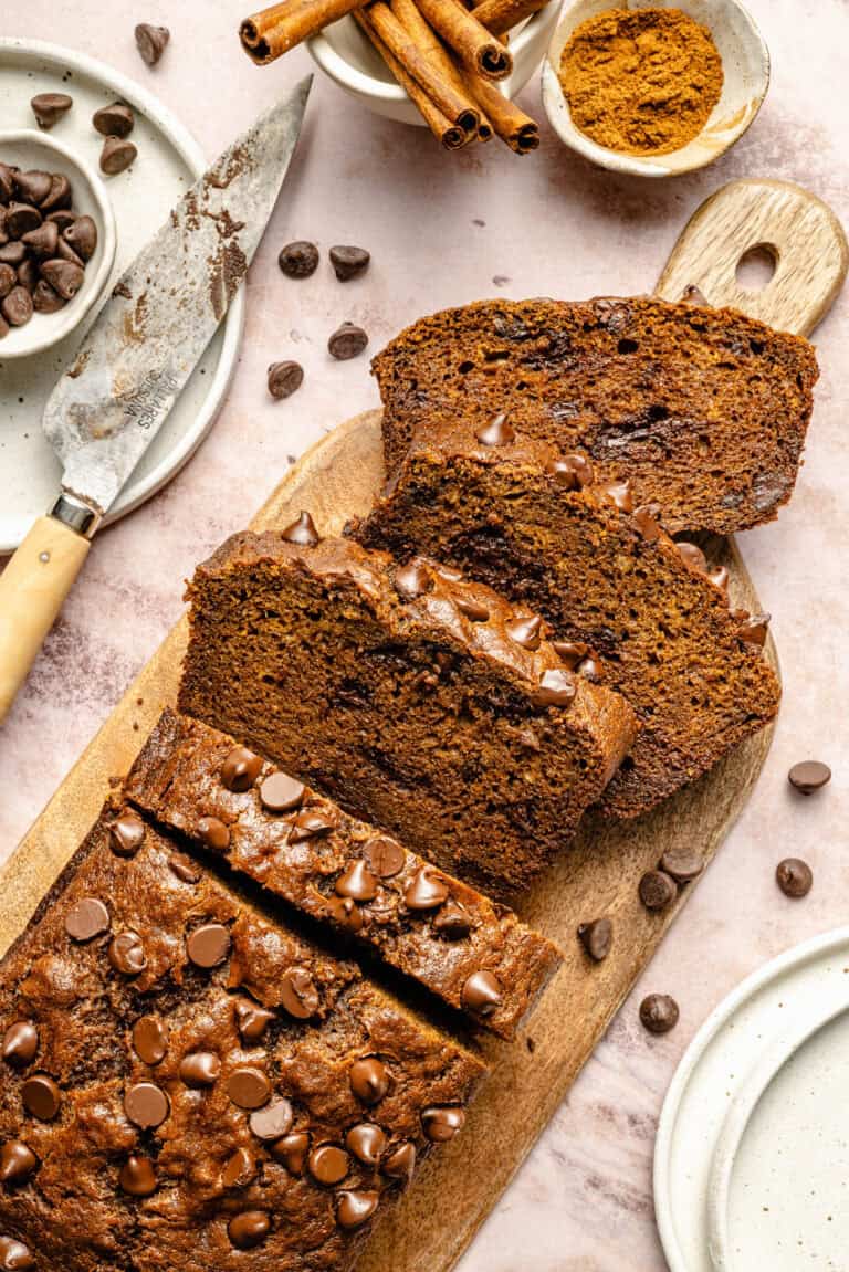 sliced loaf of pumpkin banana bread