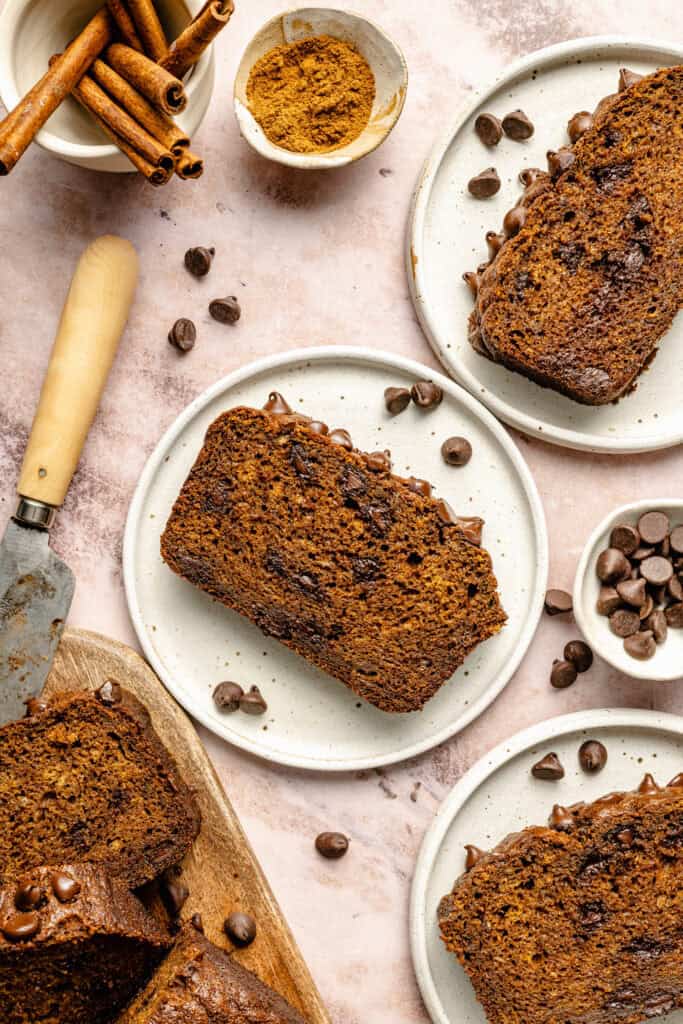 pumpkin banana bread slices on plates