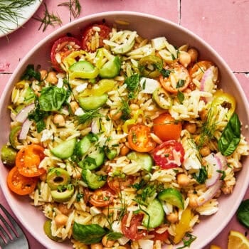chickpea pasta salad in serving bowl