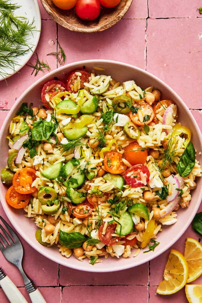 chickpea pasta salad in serving bowl
